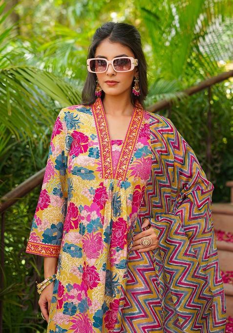 Yellow Printed Viscose Kurta Set — view on Indya