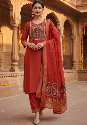 Orange Self Design Chinon Kurta Set
