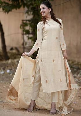 Beige Embroidered Viscose Kurta Set