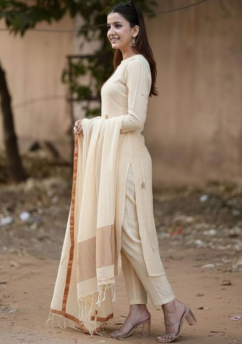 Beige Embroidered Viscose Kurta Set - Indya