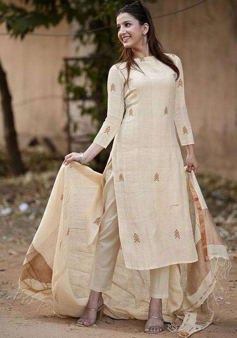 Beige Embroidered Viscose Kurta Set