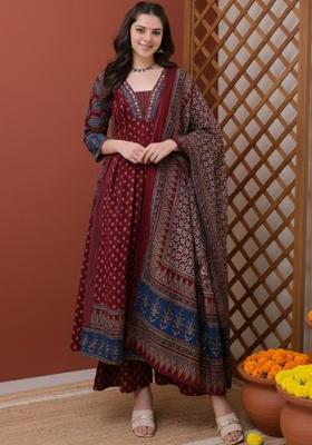 Maroon Printed Viscose Kurta Set