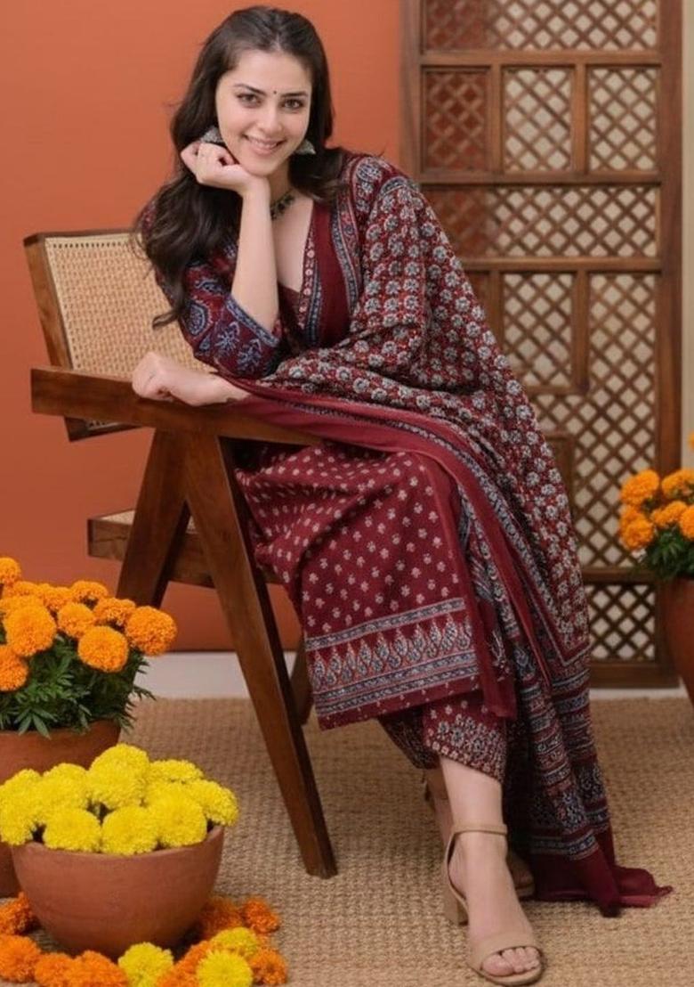 Maroon Printed Viscose Kurta Set - Indya