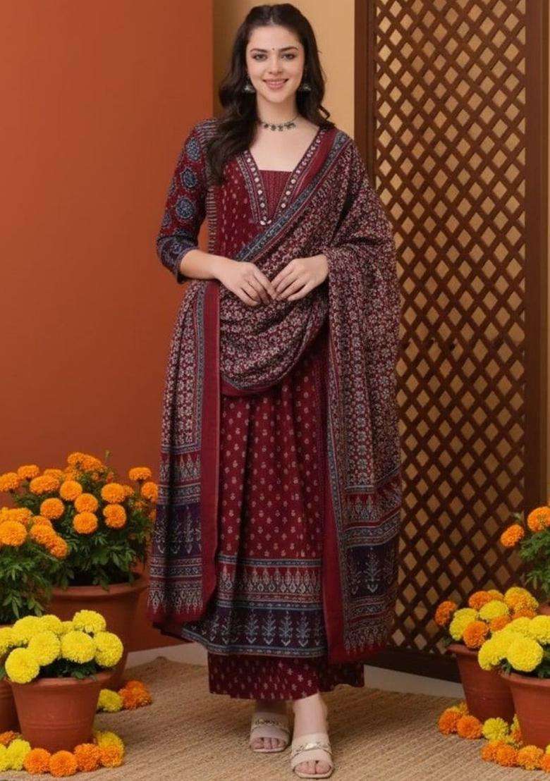 Maroon Printed Viscose Kurta Set - Indya