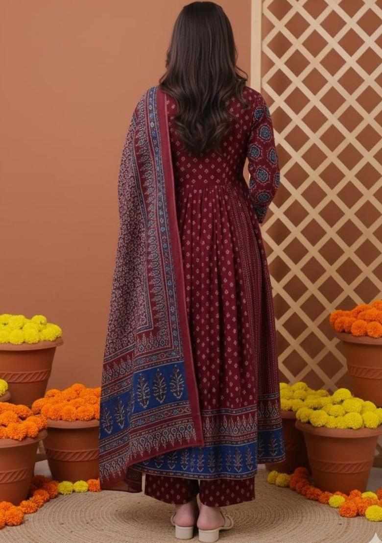 Maroon Printed Viscose Kurta Set - Indya