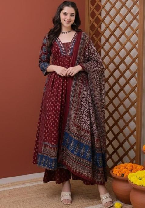 Maroon Printed Viscose Kurta Set