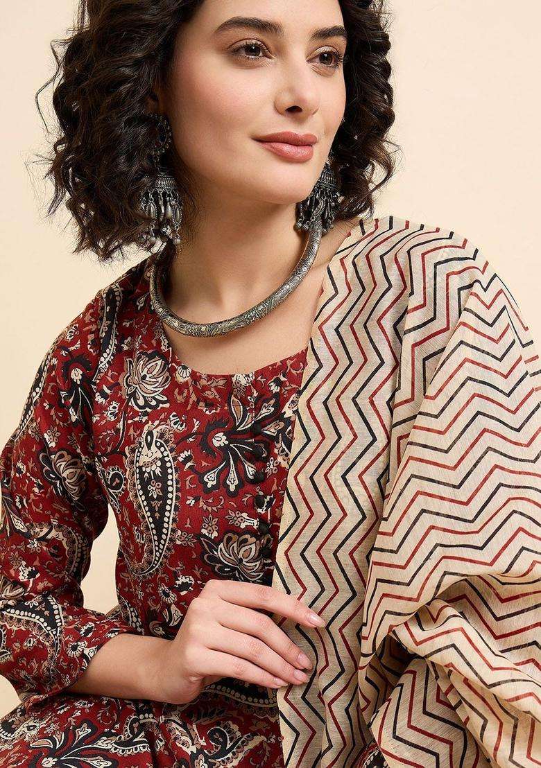 Maroon Printed Viscose Kurta Set - Indya