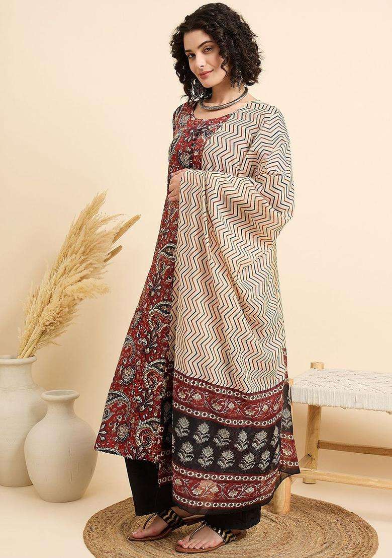 Maroon Printed Viscose Kurta Set - Indya