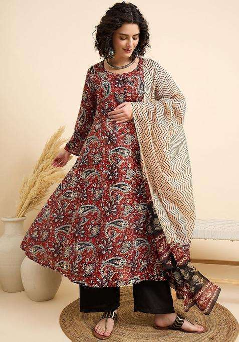 Maroon Printed Viscose Kurta Set