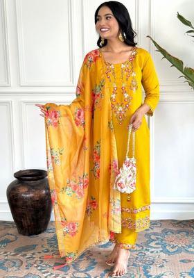 Yellow Embroidered Chinon Kurta Set