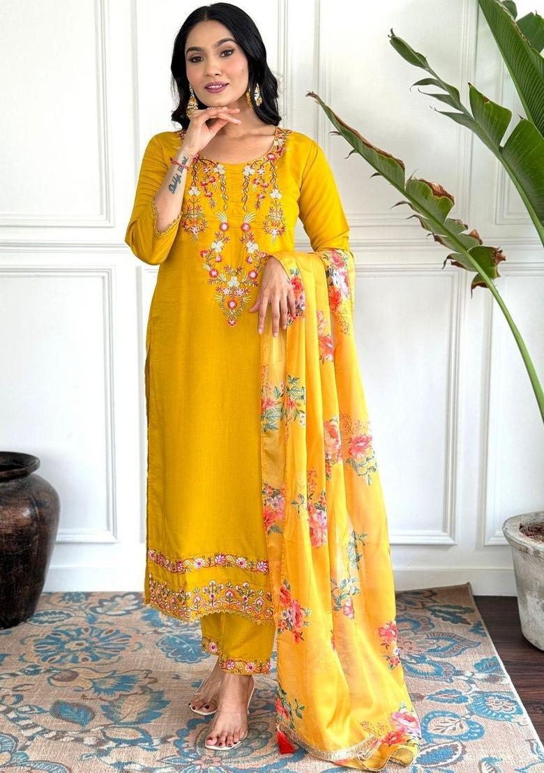 Yellow Embroidered Chinon Kurta Set - Indya