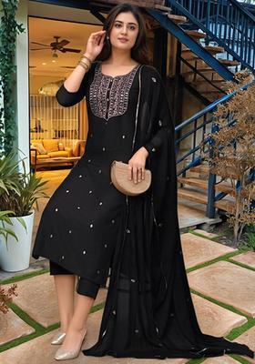Black Embroidered Viscose Kurta Set