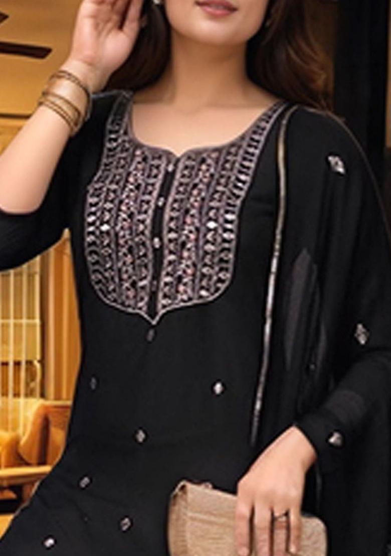 Black Embroidered Viscose Kurta Set - Indya