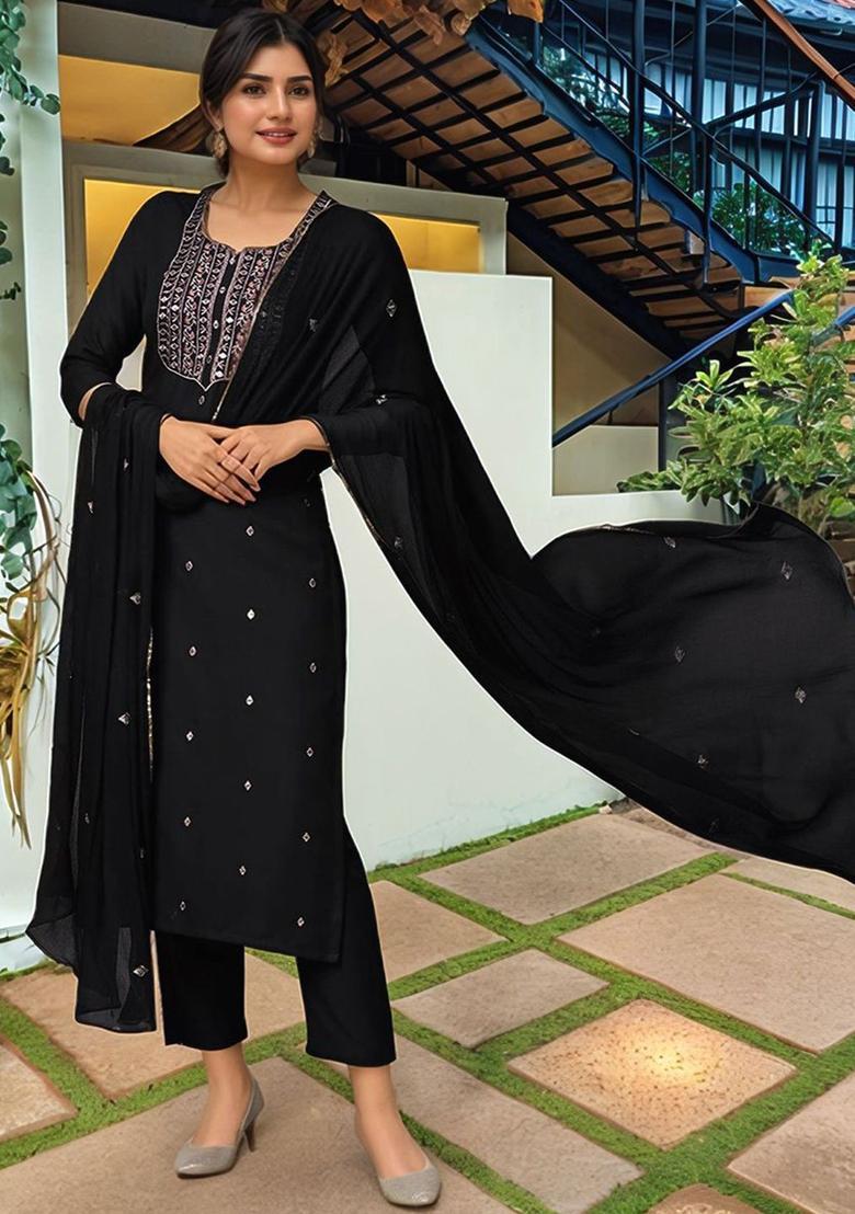 Black Embroidered Viscose Kurta Set - Indya