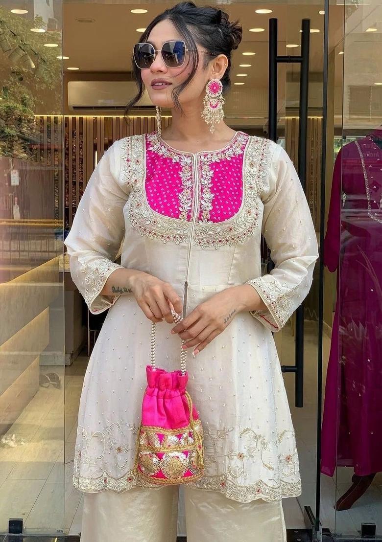 White Embroidered Silk Kurta Set - Indya