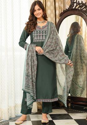 Olive Embroidered Cotton Kurta Set