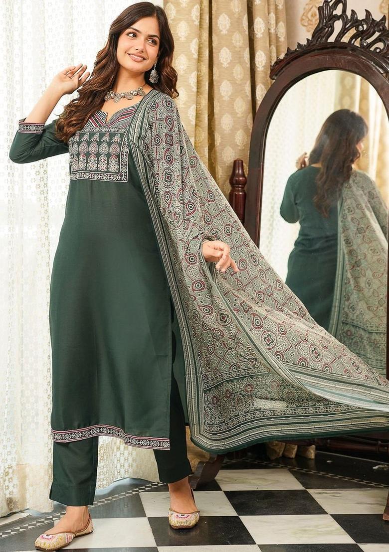 Olive Embroidered Cotton Kurta Set - Indya