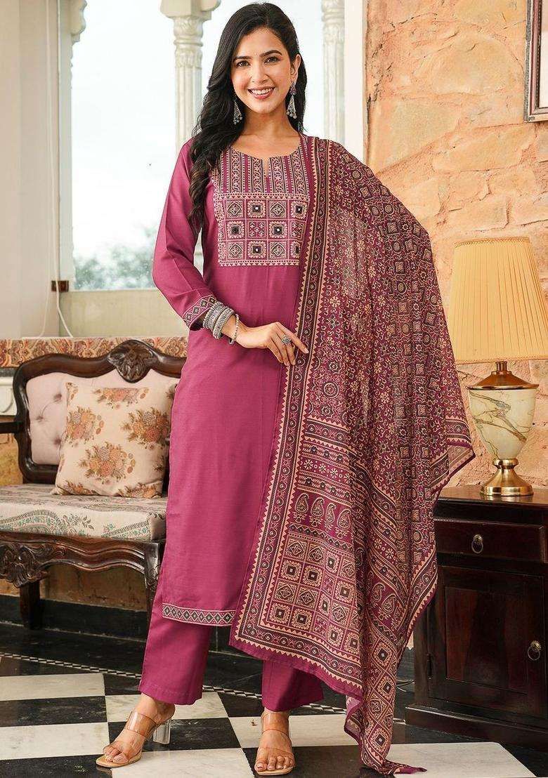 Purple Embroidered Cotton Kurta Set - Indya
