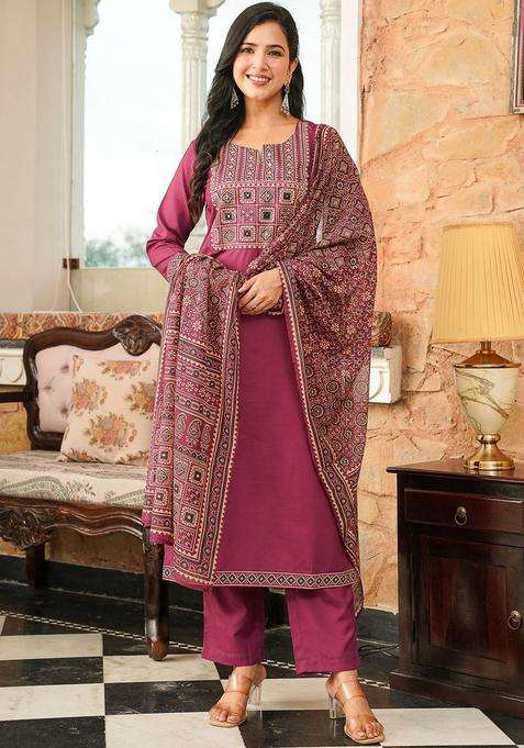 Purple Embroidered Cotton Kurta Set