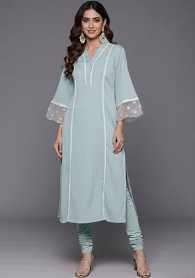 Green Solid Silk Kurta Set