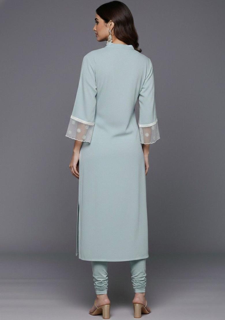 Green Solid Silk Kurta Set - Indya