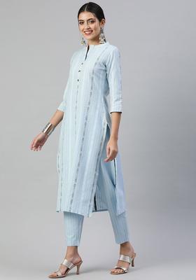 Blue Self Design Cotton Kurta Set