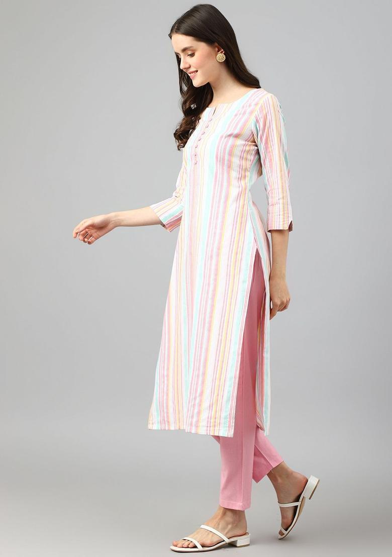 Blue Self Design Cotton Kurta Set - Indya