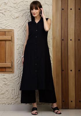 Black Solid Silk Blend Kurta Set