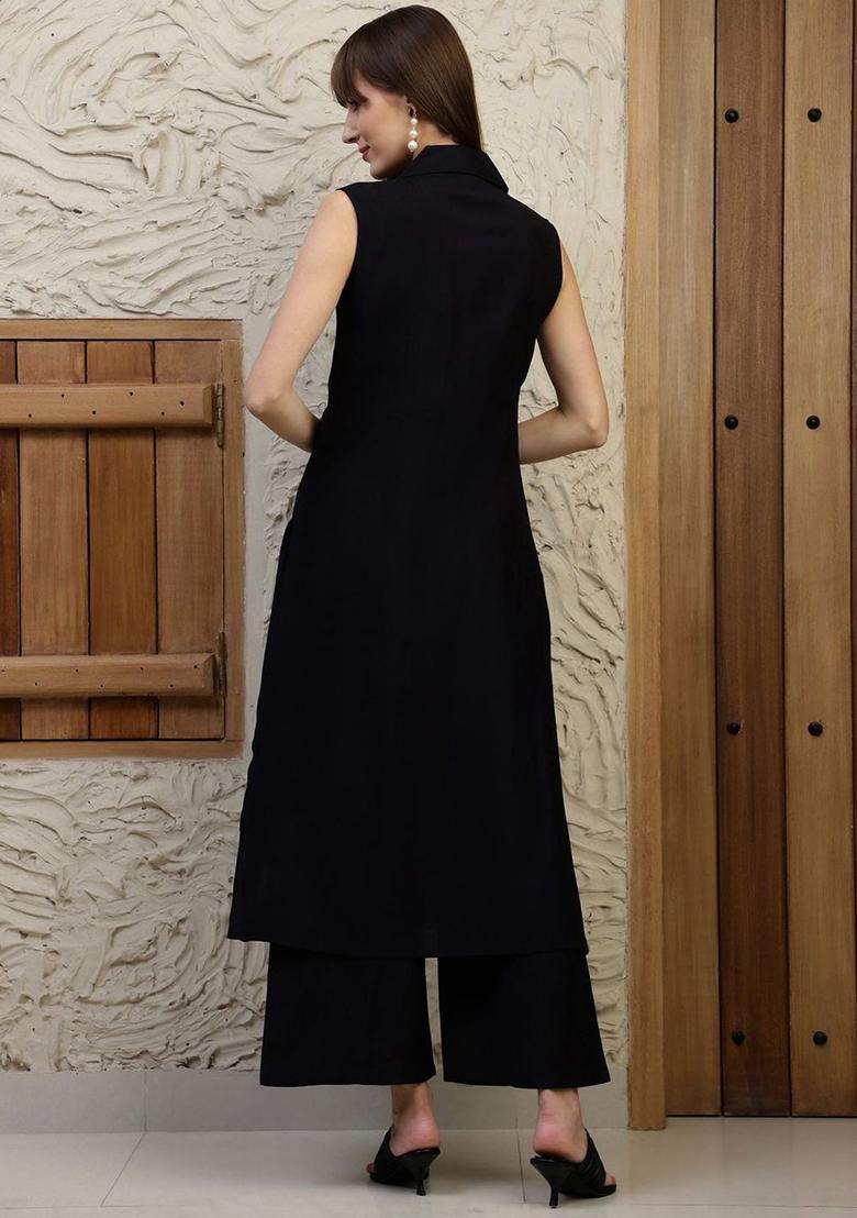 Black Solid Silk Kurta Set - Indya