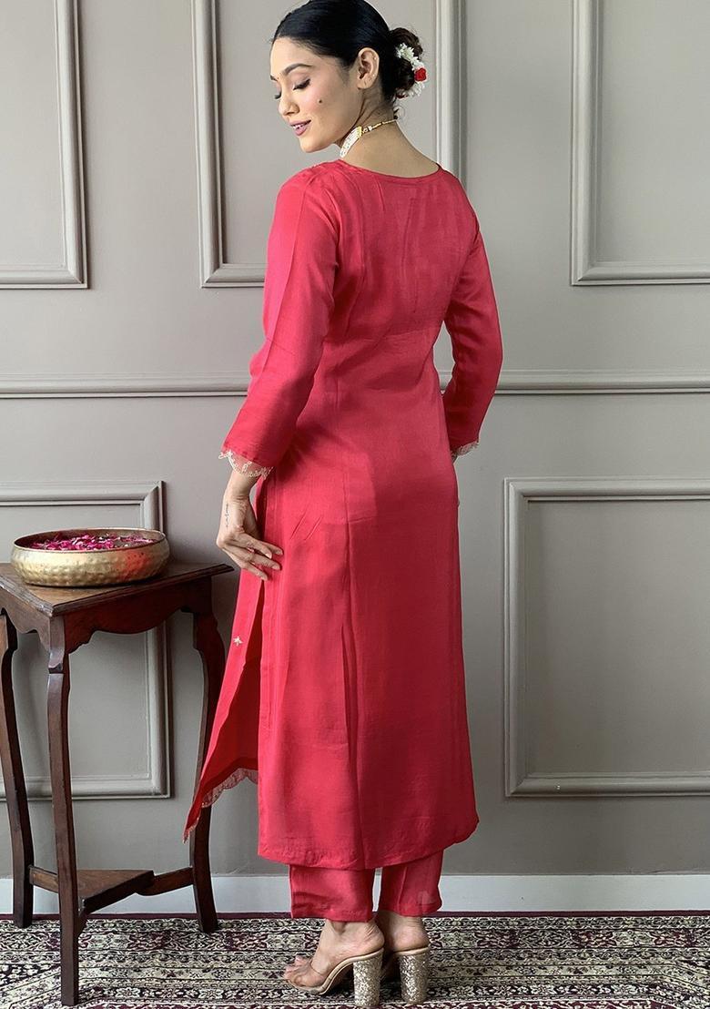 Red Embroidered Viscose Kurta Set - Indya