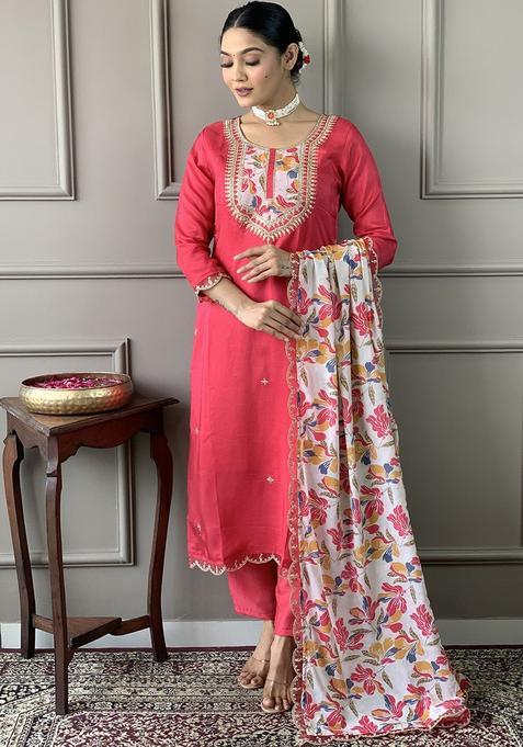Red Embroidered Viscose Kurta Set — view on Indya