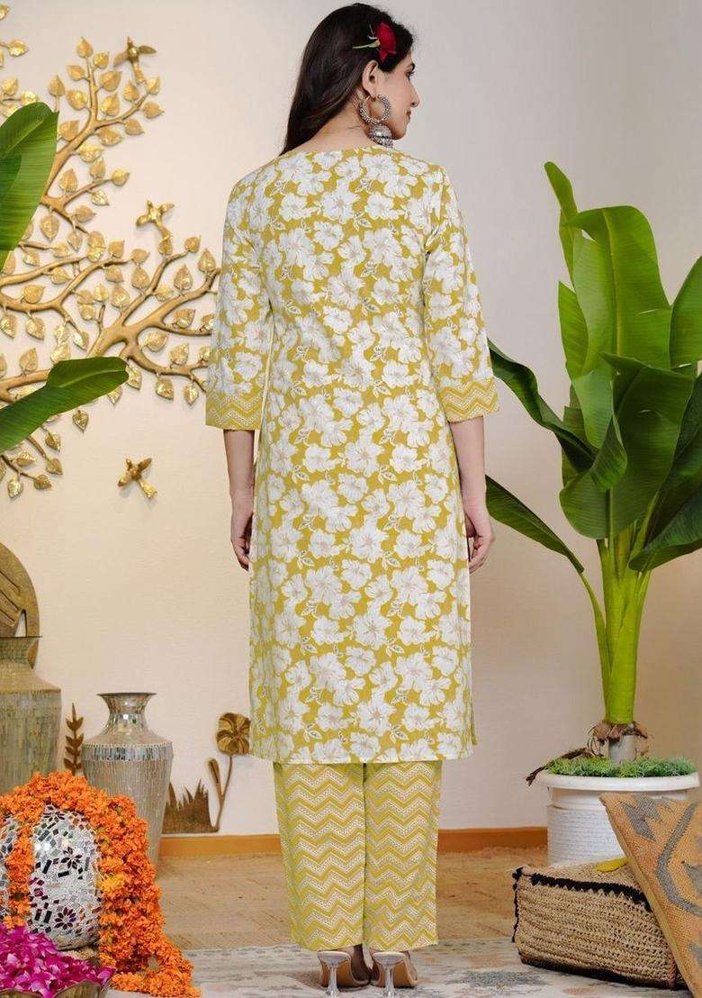 Yellow Printed Cotton Kurta Set - Indya