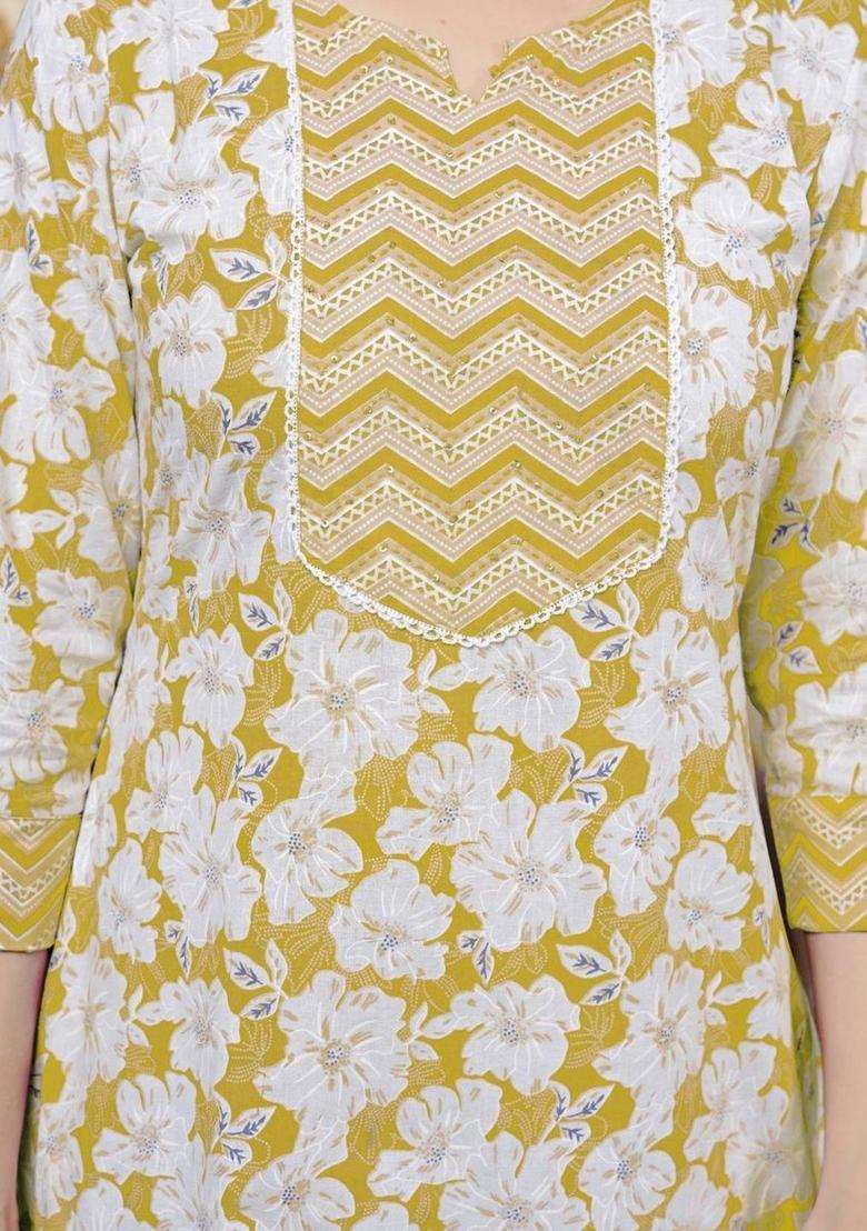 Yellow Printed Cotton Kurta Set - Indya