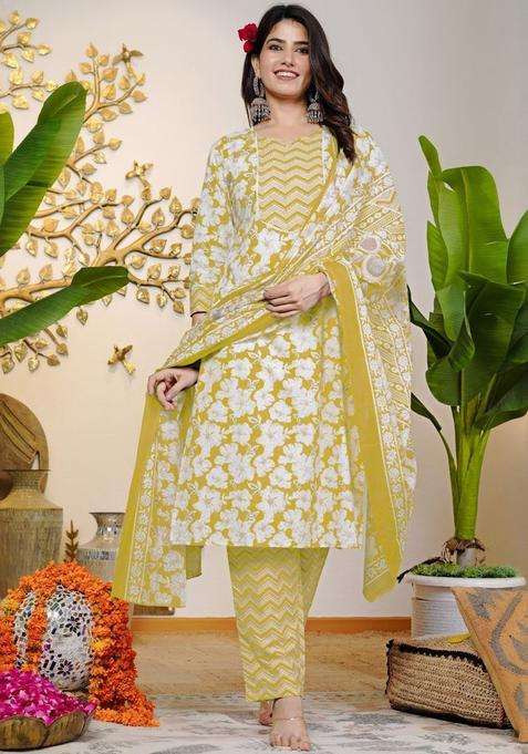 Yellow Printed Cotton Kurta Set