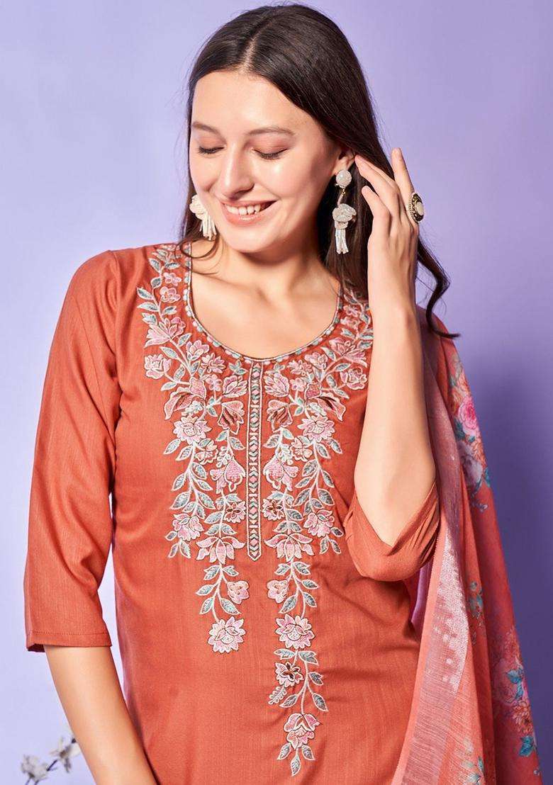 Peach Embroidered Viscose Kurta Set - Indya