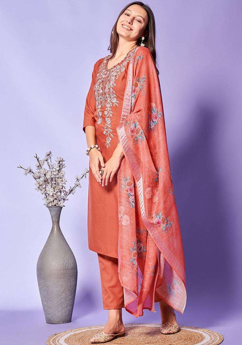 Peach Embroidered Viscose Kurta Set - Indya