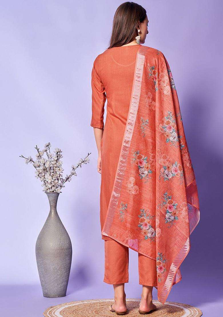 Peach Embroidered Viscose Kurta Set - Indya