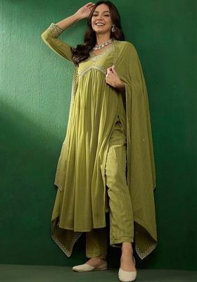 Olive Self Design Georgette Kurta Set