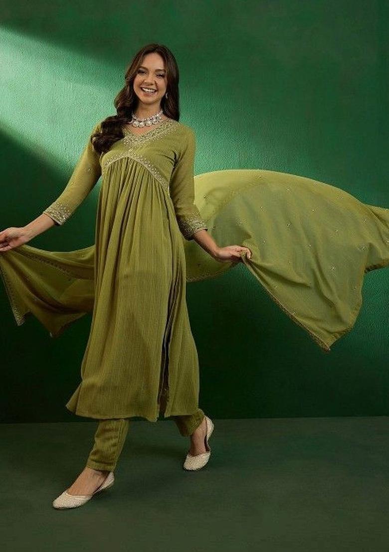 Olive Self Design Georgette Kurta Set - Indya