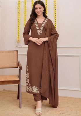 Brown Embroidered Viscose Kurta Set