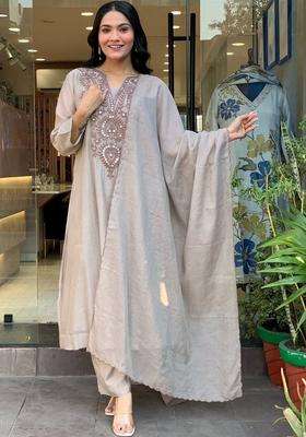 Grey Embroidered Cotton Kurta Set