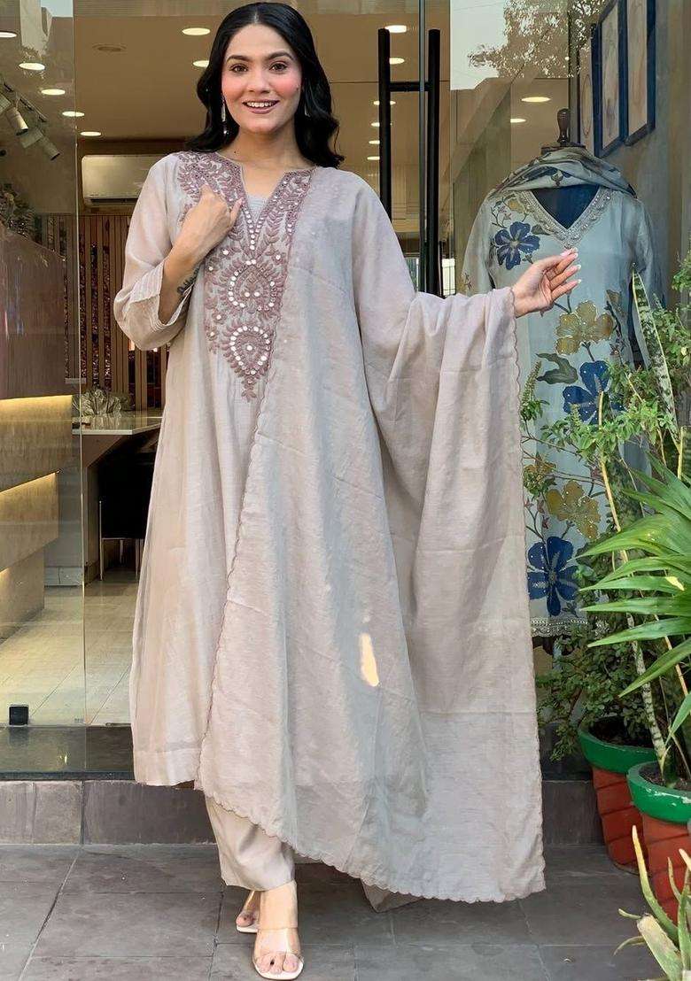 Grey Embroidered Cotton Kurta Set - Indya