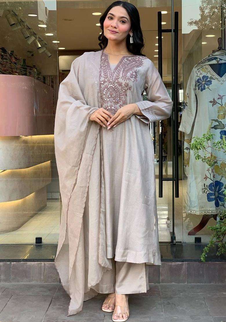 Grey Embroidered Cotton Kurta Set - Indya