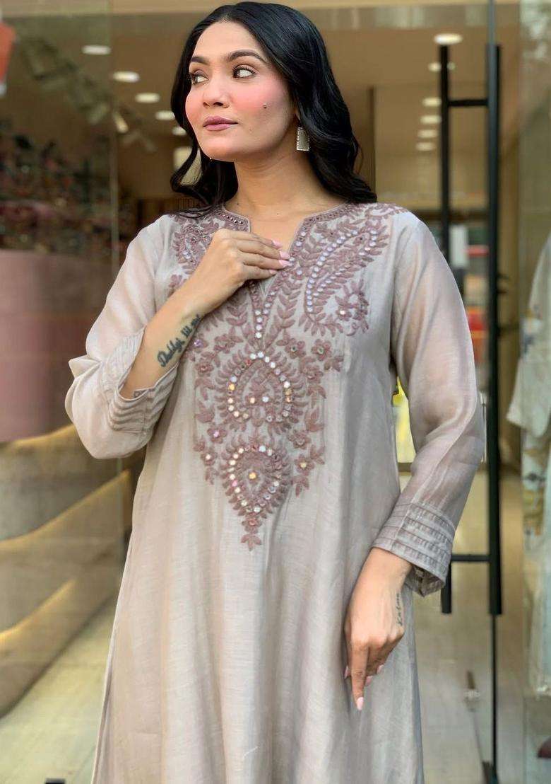 Grey Embroidered Cotton Kurta Set - Indya