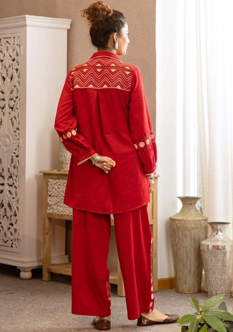 Red Printed Cotton Kurta Set - Indya