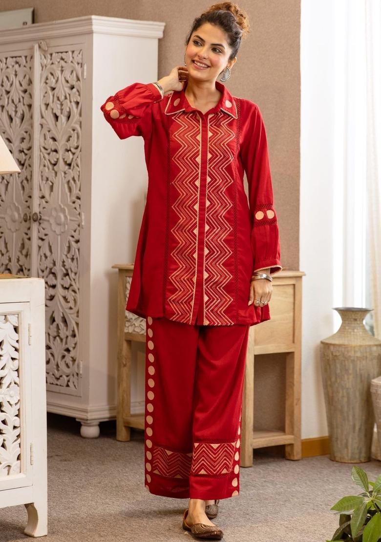 Red Printed Cotton Kurta Set - Indya