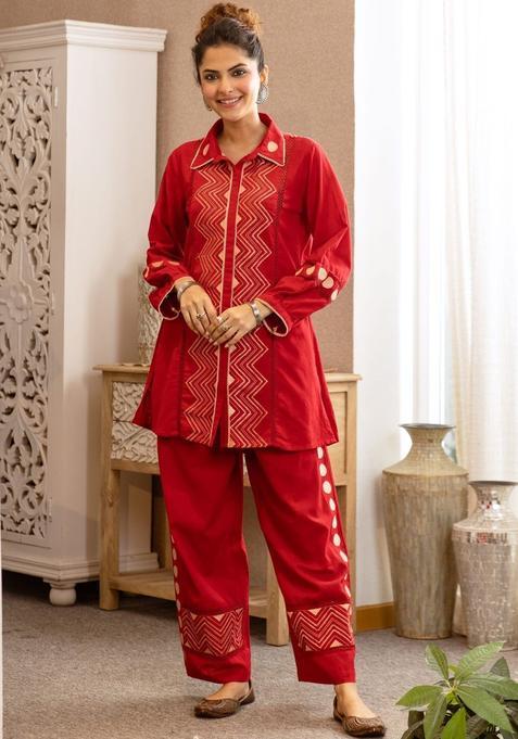 Red Printed Cotton Kurta Set — view on Indya
