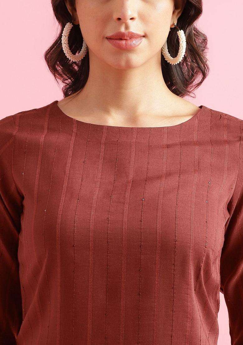 Maroon Embroidered Silk Kurta Set - Indya