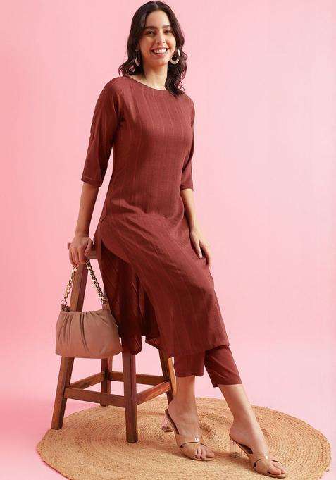 Maroon Embroidered Silk Blend Kurta Set