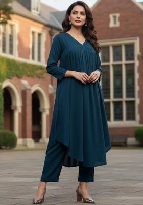 Blue Solid Silk Kurta Set